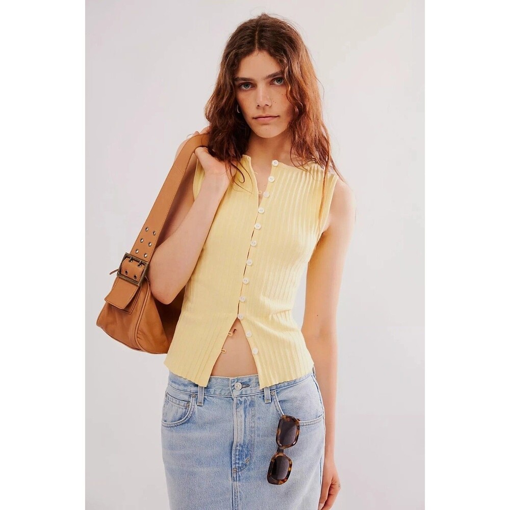 Free People Tilly Vest Blouse Top Knit Ribbed Buttondown Scoop-Neck L NEW 280641